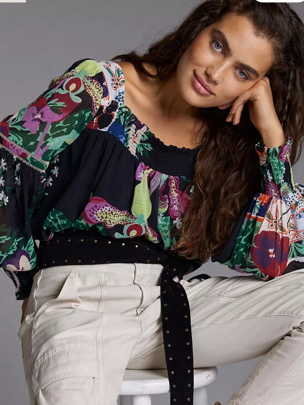 Anthropologie Lil Sire Puffed Sleeve Dark Garden Blouse. Midnight floral. Boho.